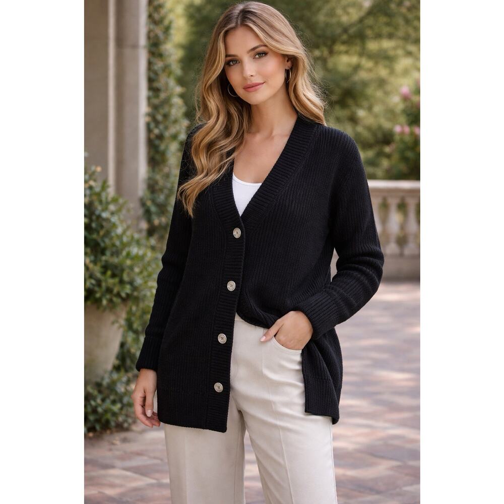 Falls Creek Women’s Size M Black Knit Cardigan Sweater Button Front Academia